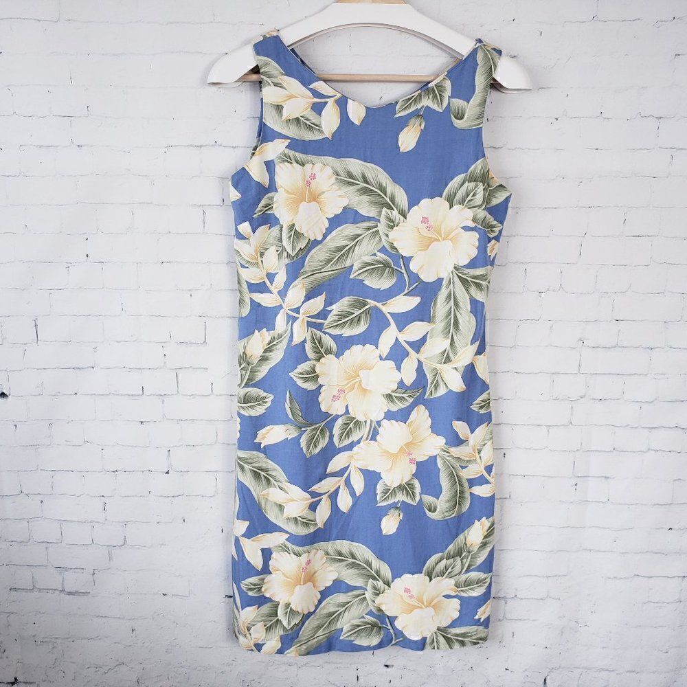 Havana Jacks Cafe Hawaiian Dress Size Small Light Blue Hibiscus Floral Sheath